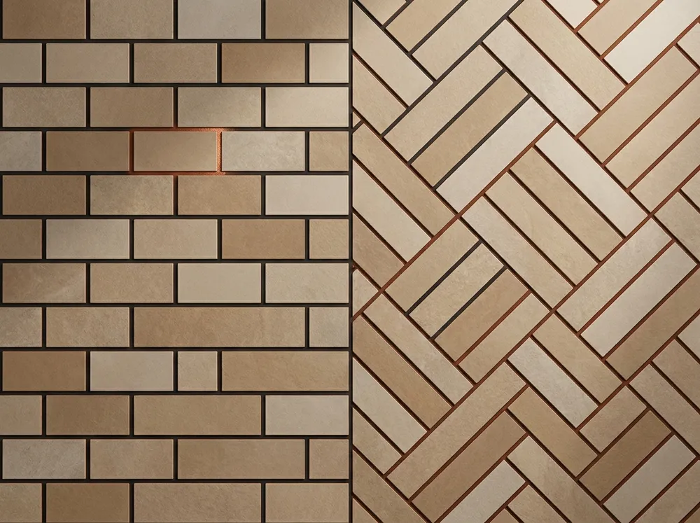 Stylized material study of a running-bond tile field easing into a herringbone tile set, isolated on a plain ivory background, not a photograph of a finished room